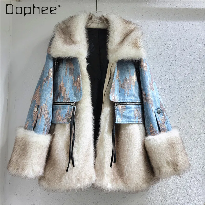 

Fashion Lapel Wool Stitching Sequined Long Sleeve Denim Coat Women 2023 Winter Thick Loose Faux Fur Cotton Padded Jacket Female