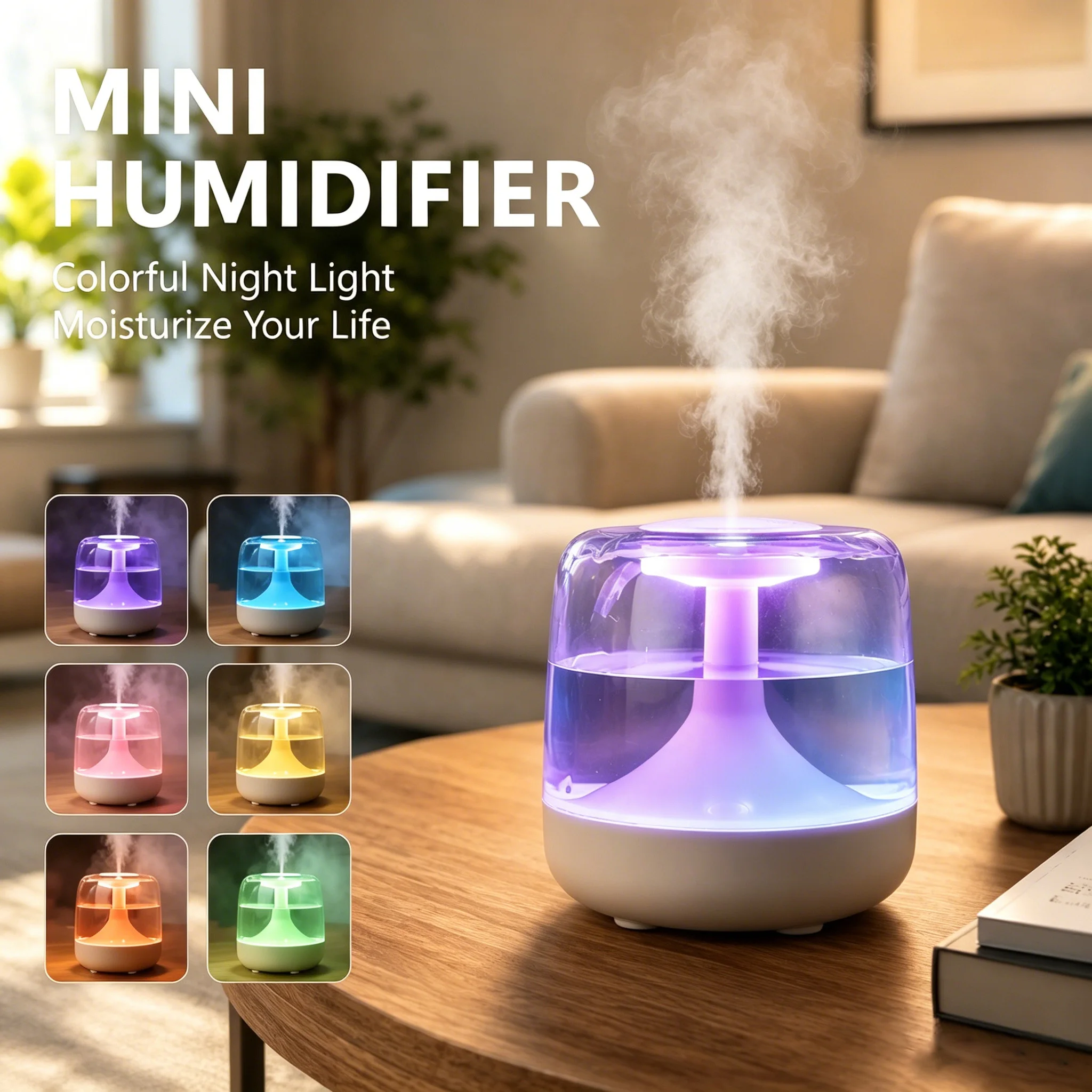 Compact Aromatherapy Humidifier with Large Capacity and Multicolor LED Lighting