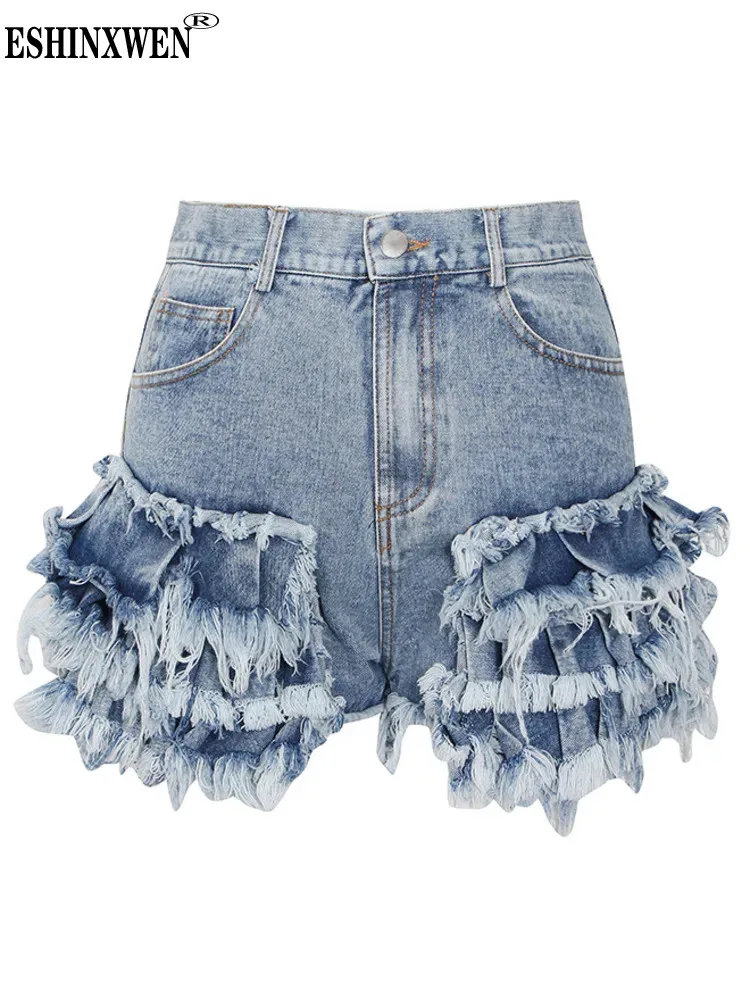 

Eshin Denim Blue High Waist Patchwork Tassel Short Pants For Women 2024 Spring Fashion Female New Clothing TH6343