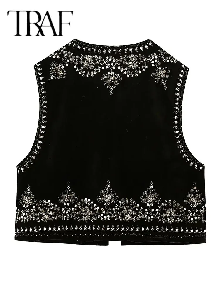 TRAF Vintage Autumn Velvet Embroidered Vest Sleeveless Jacket Women V Neck Chic Waistcoats Female Fashion Vests Coat 2023 5