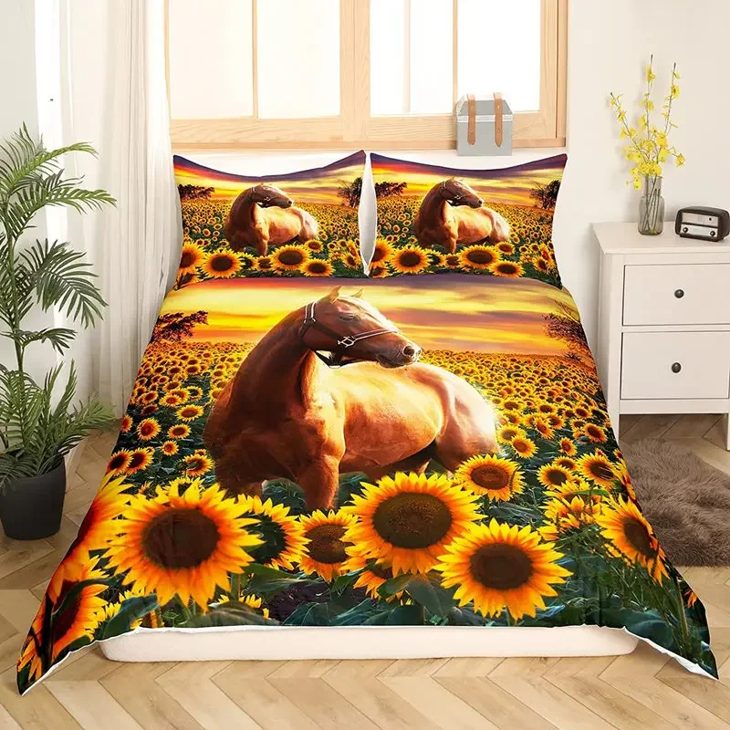 3D Pferd Bettbezug King Queen Size Gelbe Sonnenblume Bettwäsche Set Floral Tier Thema Bettbezug Wildlife Weiche Tröster Abdeckung – Detail 22