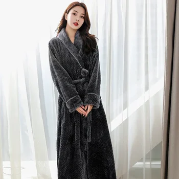 여성용 두꺼운 목욕 가운, 턴다운 칼라, 푹신한 드레싱 가운, 긴 소매 기모노, 띠가 있는 단색, 겨울