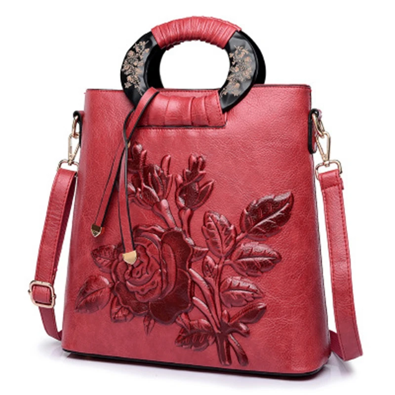 

Women Leather Handbag Vintage Bucket Bags Embossing Printing Retro Designer Floral Handbag Luxury Tote