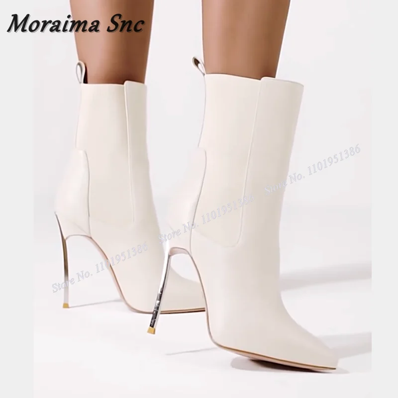 

Moraima Snc White Metal Heel Patchwork Boots Slip on Ankle Boots Black Pointed Toe Shoes for Women High Heels Zapatillas Mujer