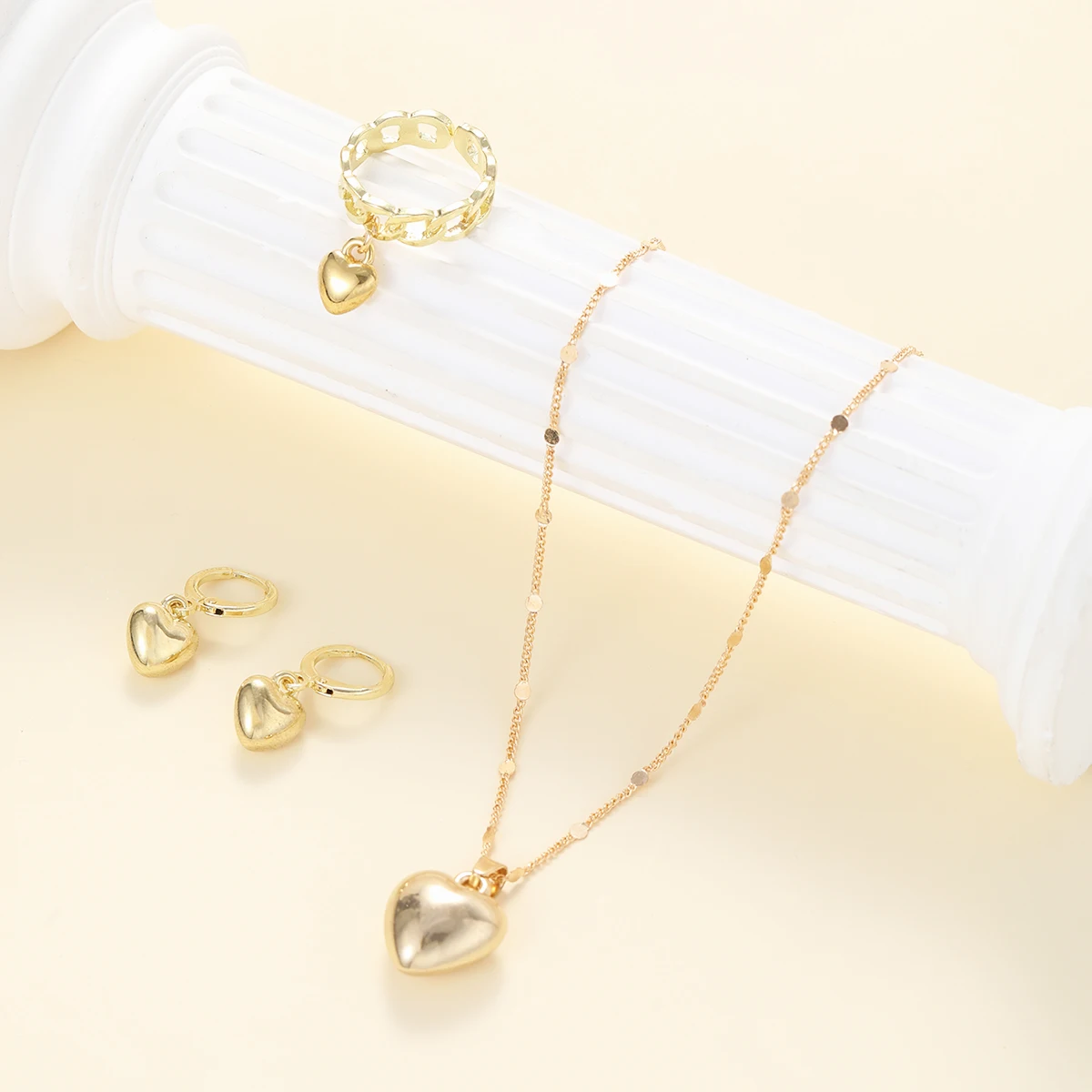 New 4 Pcs Glossy Gold Plated Metal Love Heart Dangle Earrings Necklace Ring Jewelry Set for Women Simple Dainty Daily Wear Gifts