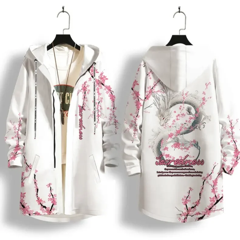 Men's Winter Dragon Pattern Parka Trench Coat Winter New Chinese Style Fashion Long Sleeve Thick Mid-Length Hooded Coat for Men