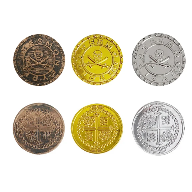 100pcs Pirates Gold Coins Plastic Gold Coins Props Game Accessary Funny Playing Toys For Kids Children Golden Silver Bronze Coin 5