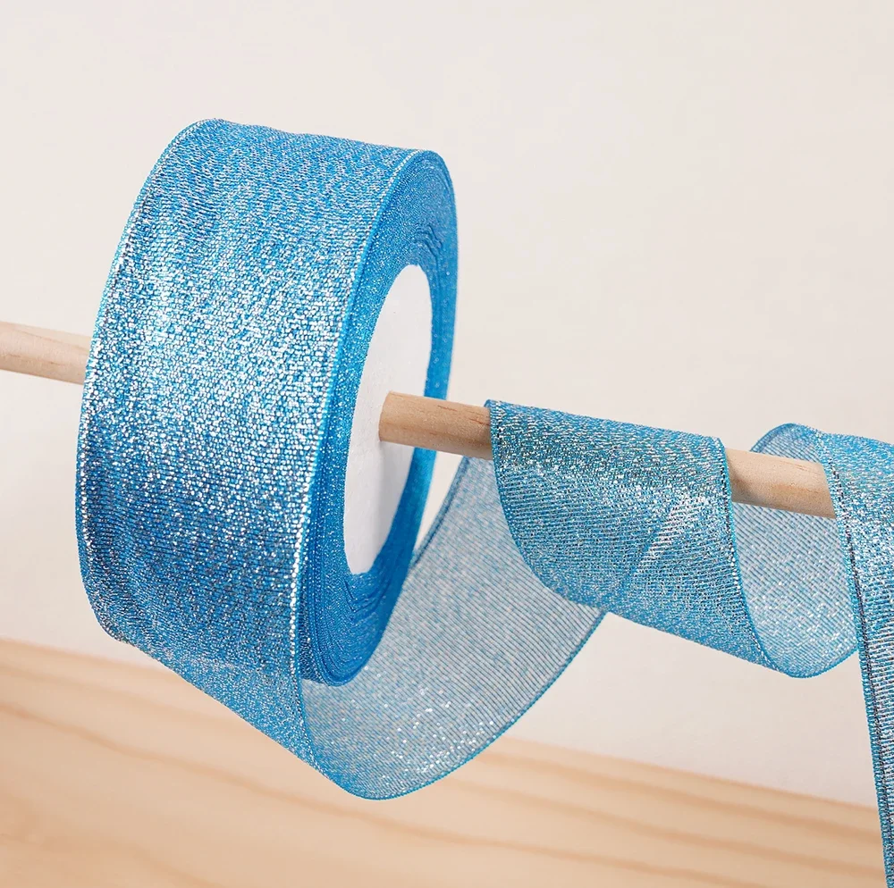 Gold Silver & Pink Blue Glitter Metallic Ribbon for Holiday & Party Decorations - 40mm Wide