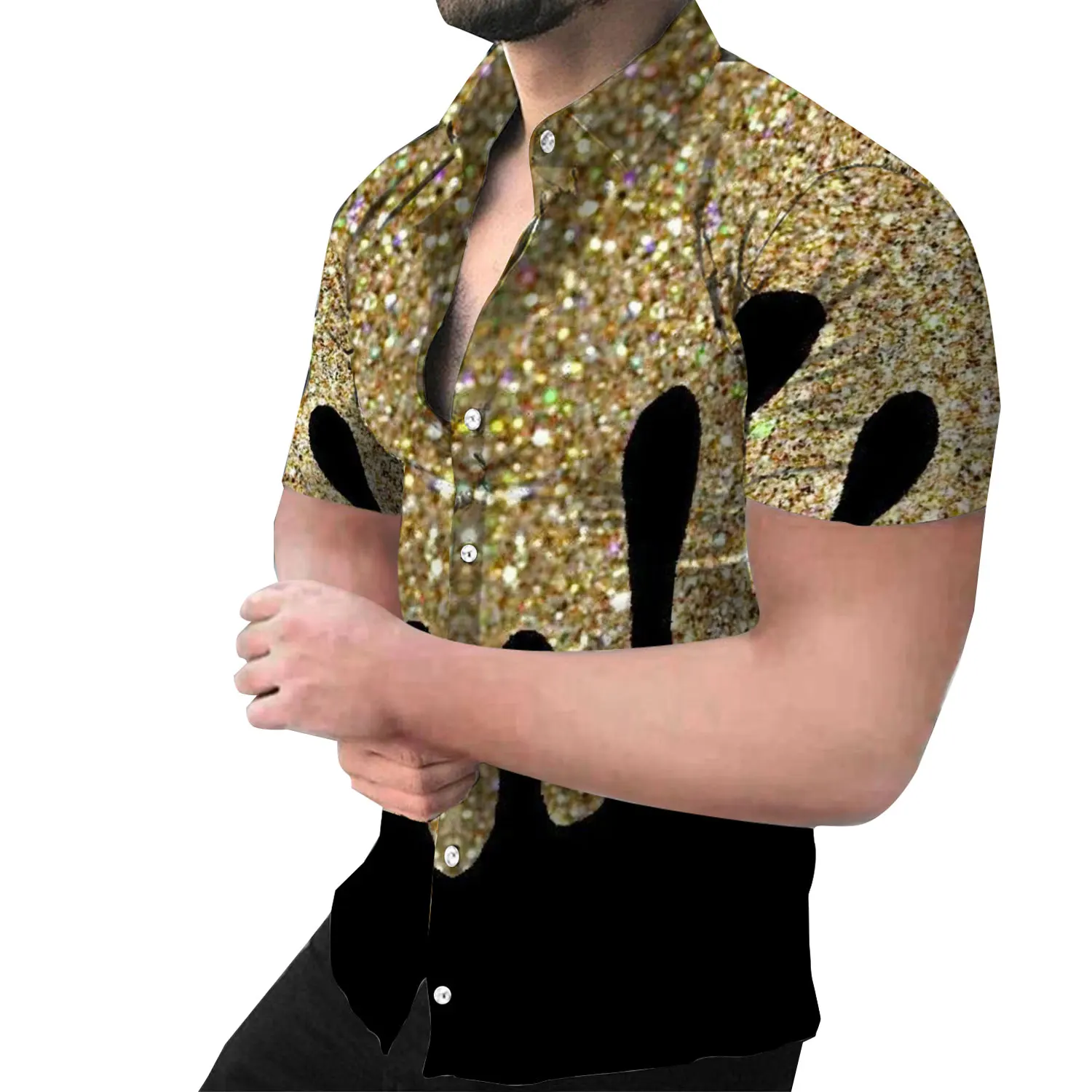 New Men Shirts Turndown Collar Buttoned Shirt Casual Print Short