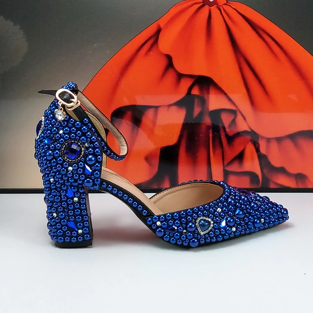 Royal Blue Pearl Bridals Wedding shoes with matching bags