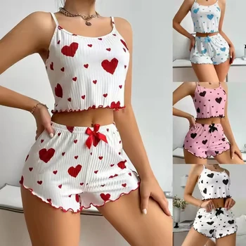 Women's White Pajama Set with Heart Print Casual Love Sleepwear Night Wear Soft Ventilated Top And Shorts Loungewear 1