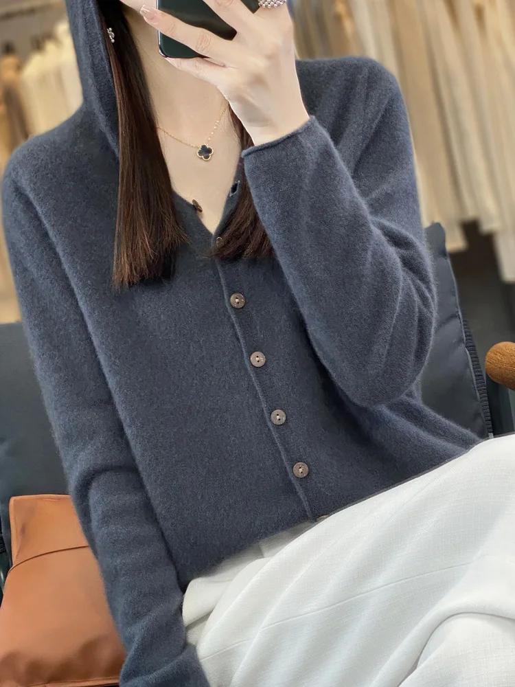 여성용 캐시미어 가디건, 100% 메리노 울 스웨터, 한국 후드티, 긴팔 소프트 니트웨어, 캐주얼 상의, 용수철 가을 패션