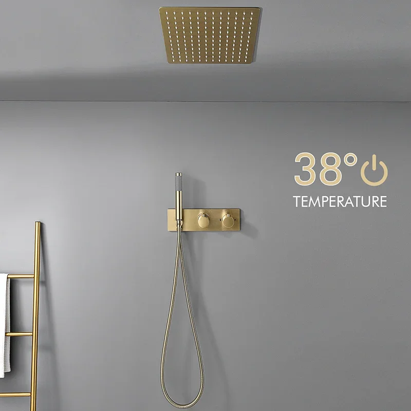 Brushed Gold ฟังก์ชั่น Dual In-Wall ห้องน้ํา Thermostatic Shower System ชุดวาล์วปกปิด Body เพดานหัวฝักบัว 1