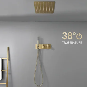 Brushed Gold ฟังก์ชั่น Dual In-Wall ห้องน้ํา Thermostatic Shower System ชุดวาล์วปกปิด Body เพดานหัวฝักบัว 1