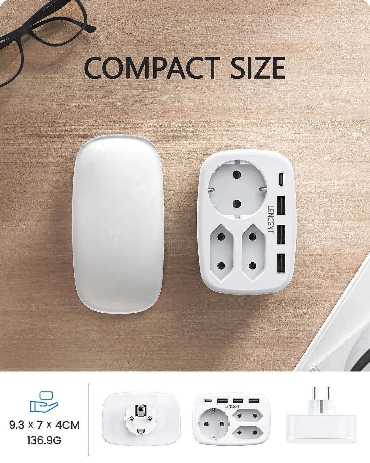 LENCENT EU Plug Multiple Wall Socket Extender 3 AC Outlets 3 USB Ports 1 Type C 7-in-1 Plug Adapter For Home and Office plug adapter wall socket extender