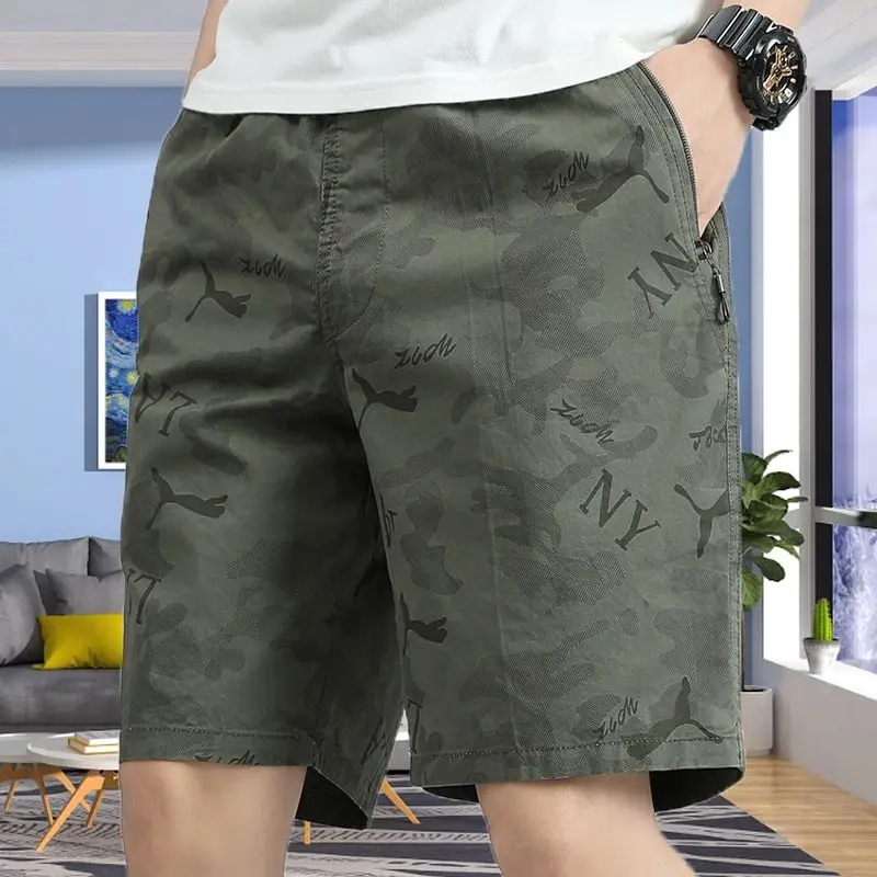 2024 New Fashion Trend Minimalist Print Summer Men's Pocket Elastic Zipper Sports Casual Pure Cotton Straight Beach Shorts