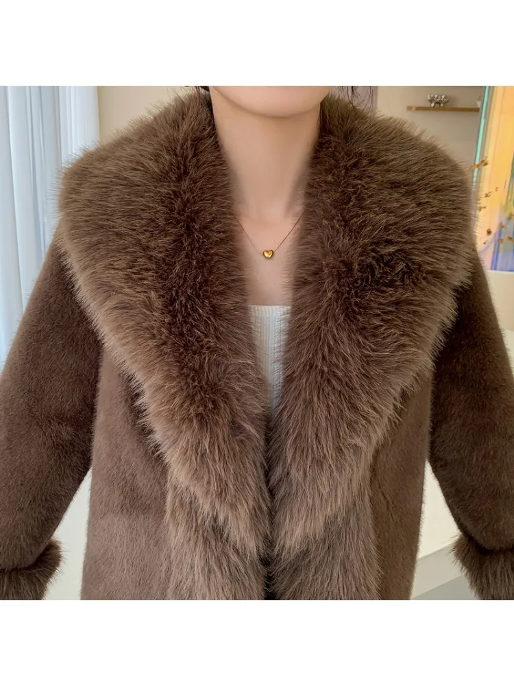 Casaco de pele glamoroso de vison feminino, casaco fino monocromático, gola de camurça, veludo, novo estilo, moda coreana, inverno Y2k