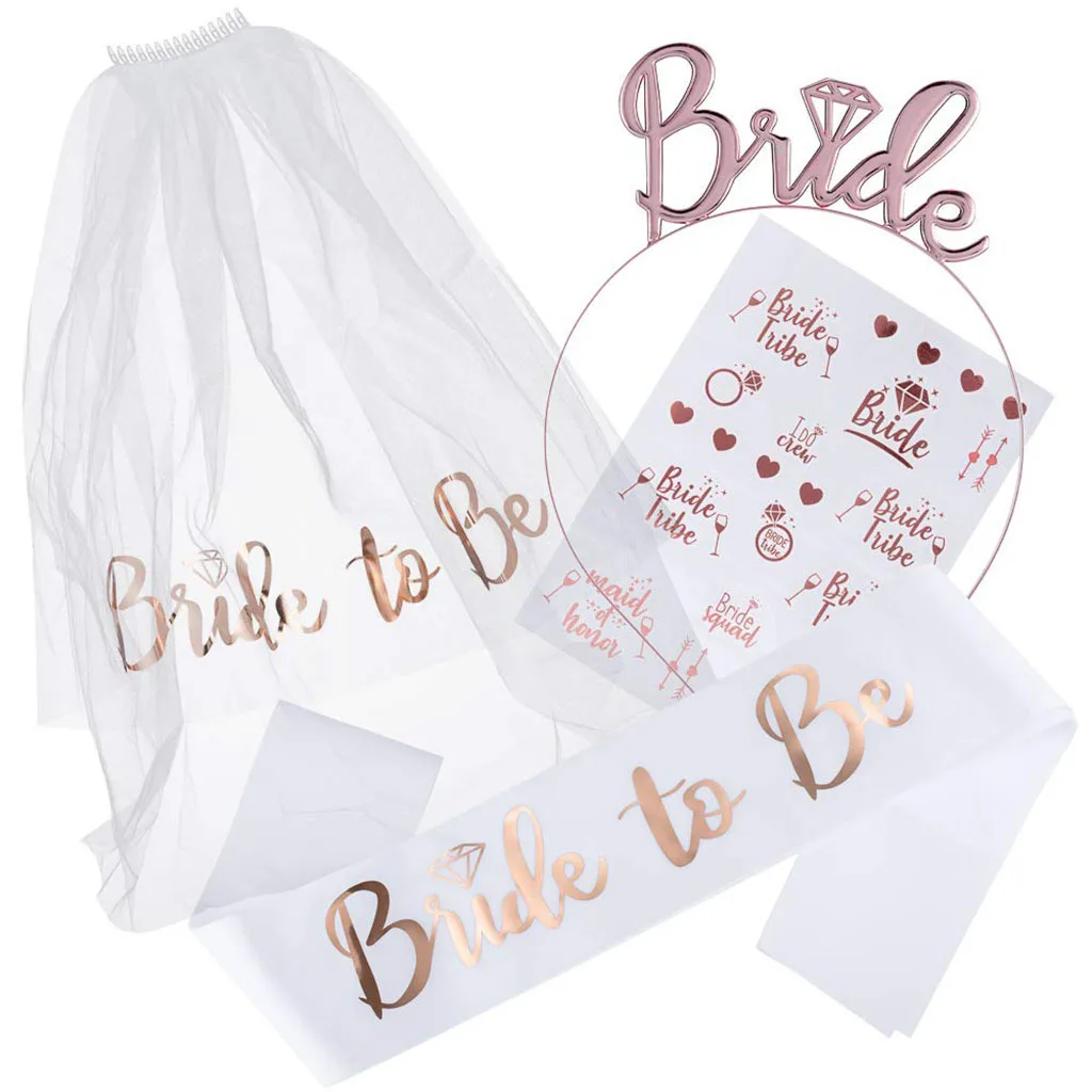 

Bridal Shower Gift Wedding Decorations Bride To Be Veil Satin Sash Hairband Tattoo Stickers Bachelorette Girl Hen Party Supplies