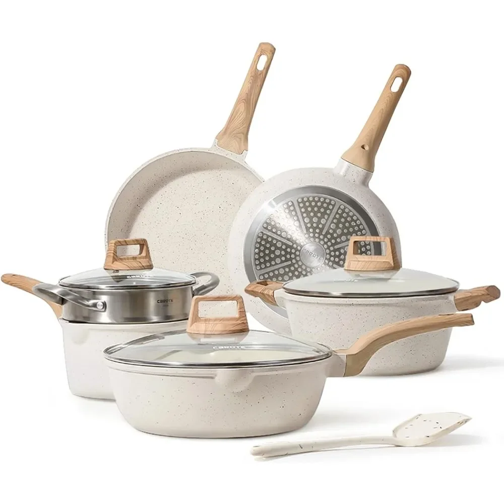 

CAROTE Pots and Pans Set Nonstick, White Granite Induction Kitchen Cookware Sets, Cooking Set w/Frying Pans & Saucepans