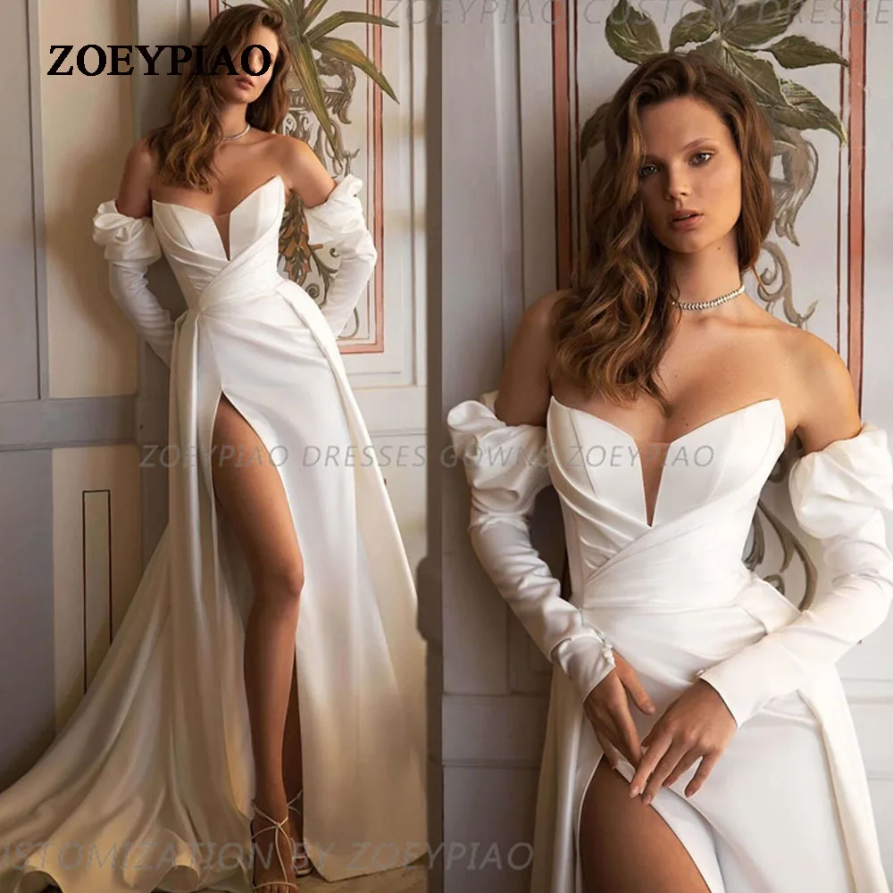 

Simple A Line Wedding Dresses For Women Sweetheart Side Slit Satin Formal Elegant Beach Dress Party Bridal Gowns فستان الزفاف