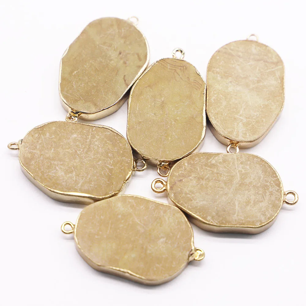 New Natural Stone Oval Pendants Connector Section Mineral Healing Silver Edge Necklace Charms Diy Fashion Jewelry Wholesale 6Pcs