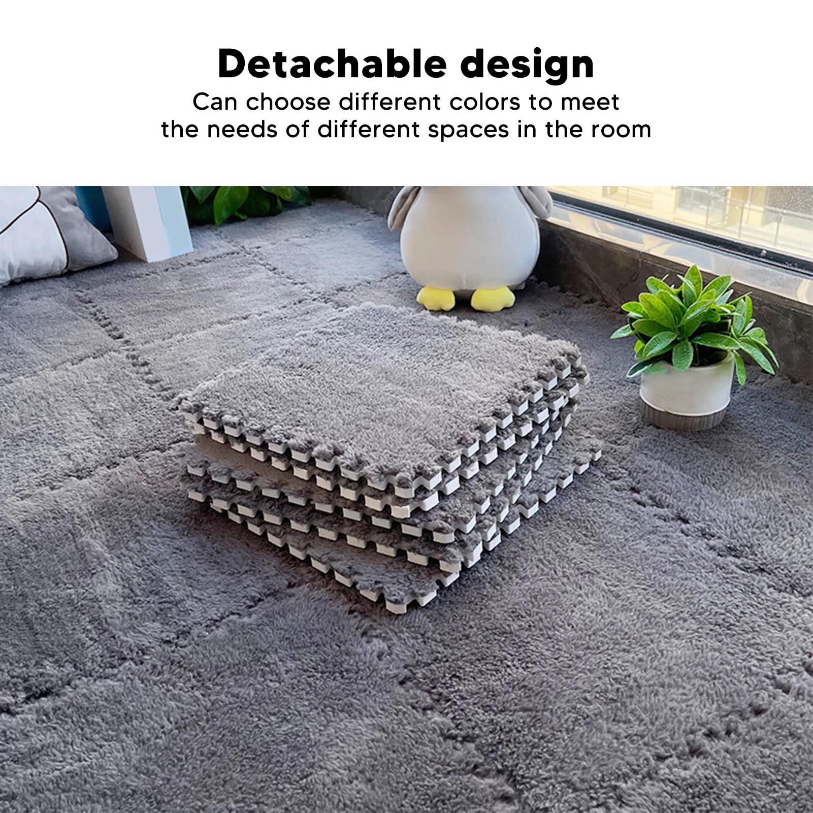 ZK20 10pcs Plush Foam Floor Mat Color Blocking Split Joint Interlocking Cuttable Soft Plush Rug for Bedroom
