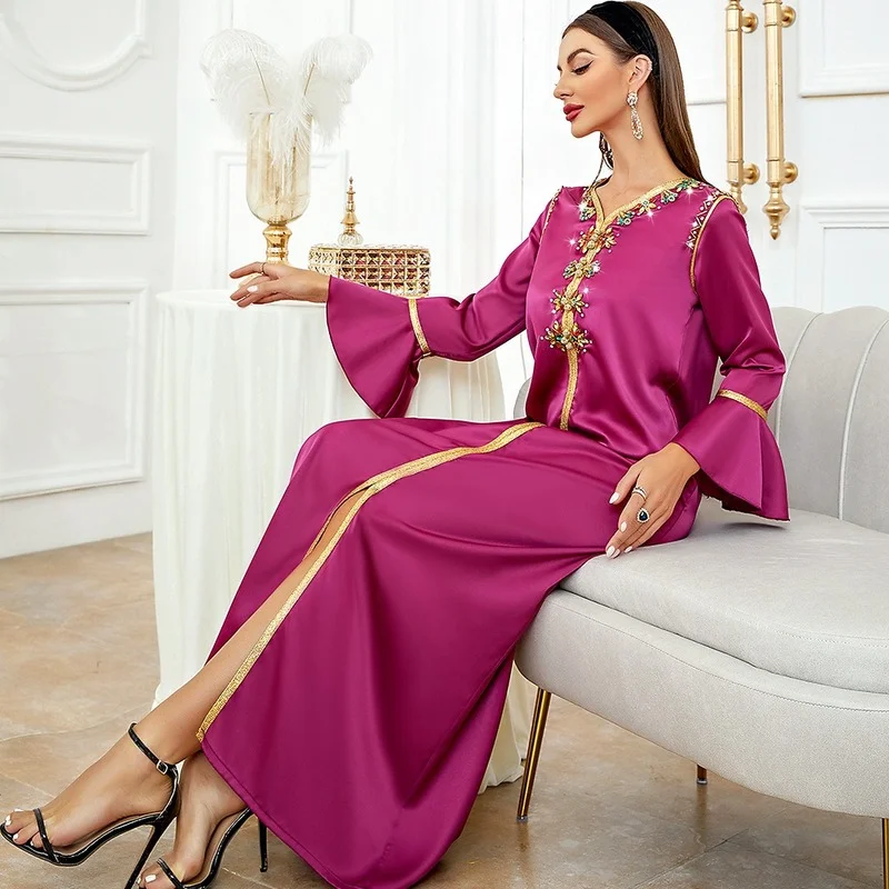 2023 Islam Abayat Ruffle Cuff Belt Abayas for Women Dubai Turkey Modest Kaftan Diamond Dress Muslim Fashion Ramadan Abaya Femme