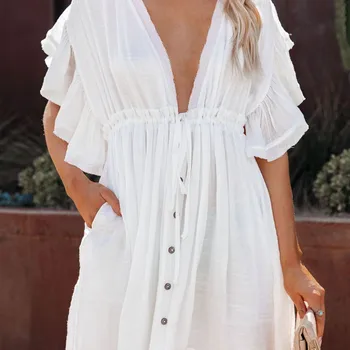 Hirigin-딥 브이넥 반소매 비치 커버 업 드레스 여성용, 섹시한 러플 드로스트링 비키니 커버 업 수영복