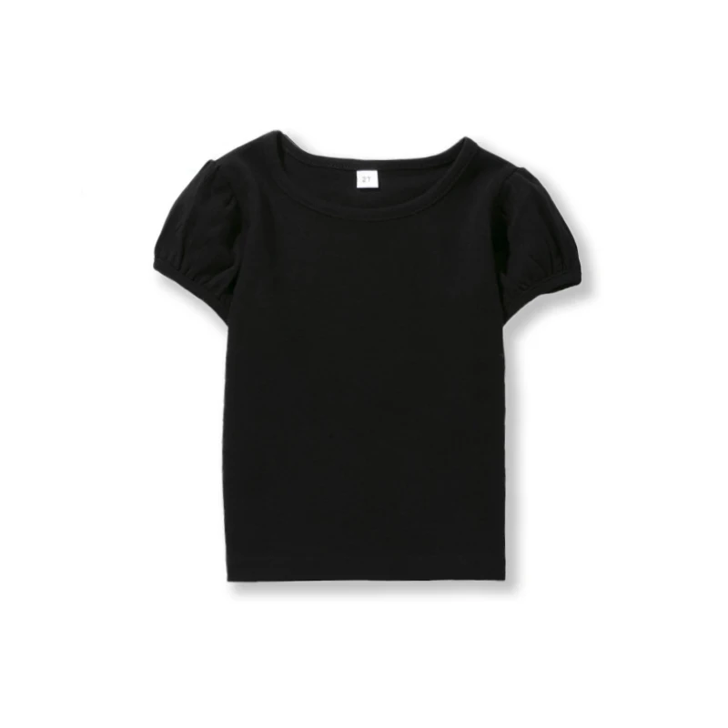 Girls' 100% Cotton Short Sleeve Summer Puff Tee T shirts for School & Play Toddler Teenagers Casual Tops Tees Solid 1-14Yrs 5