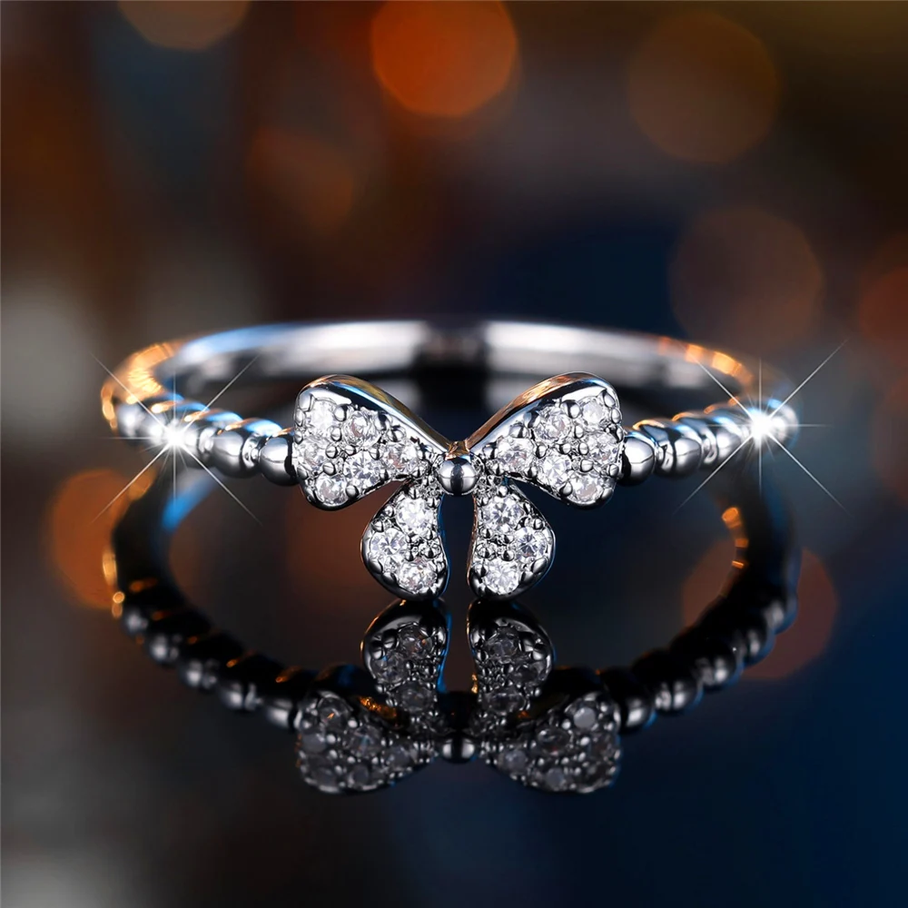 Trendy Crystal White Zircon Stone Vintage Silver Color Wedding Bands Cute Bowknot Rings For Women Men Minimalist Jewelry