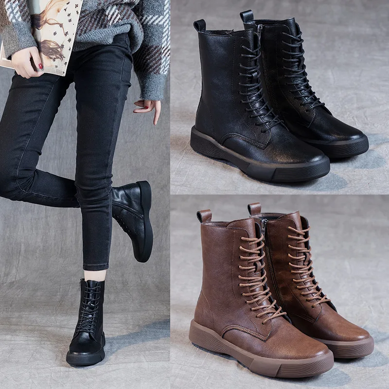 

Женские короткие ботинки большого размера в британском стиле, новинка осень-зима 2023, Винтажные ботинки на плоской подошве с плюшевой подкладкой, со шнуровкой и боковой молнией