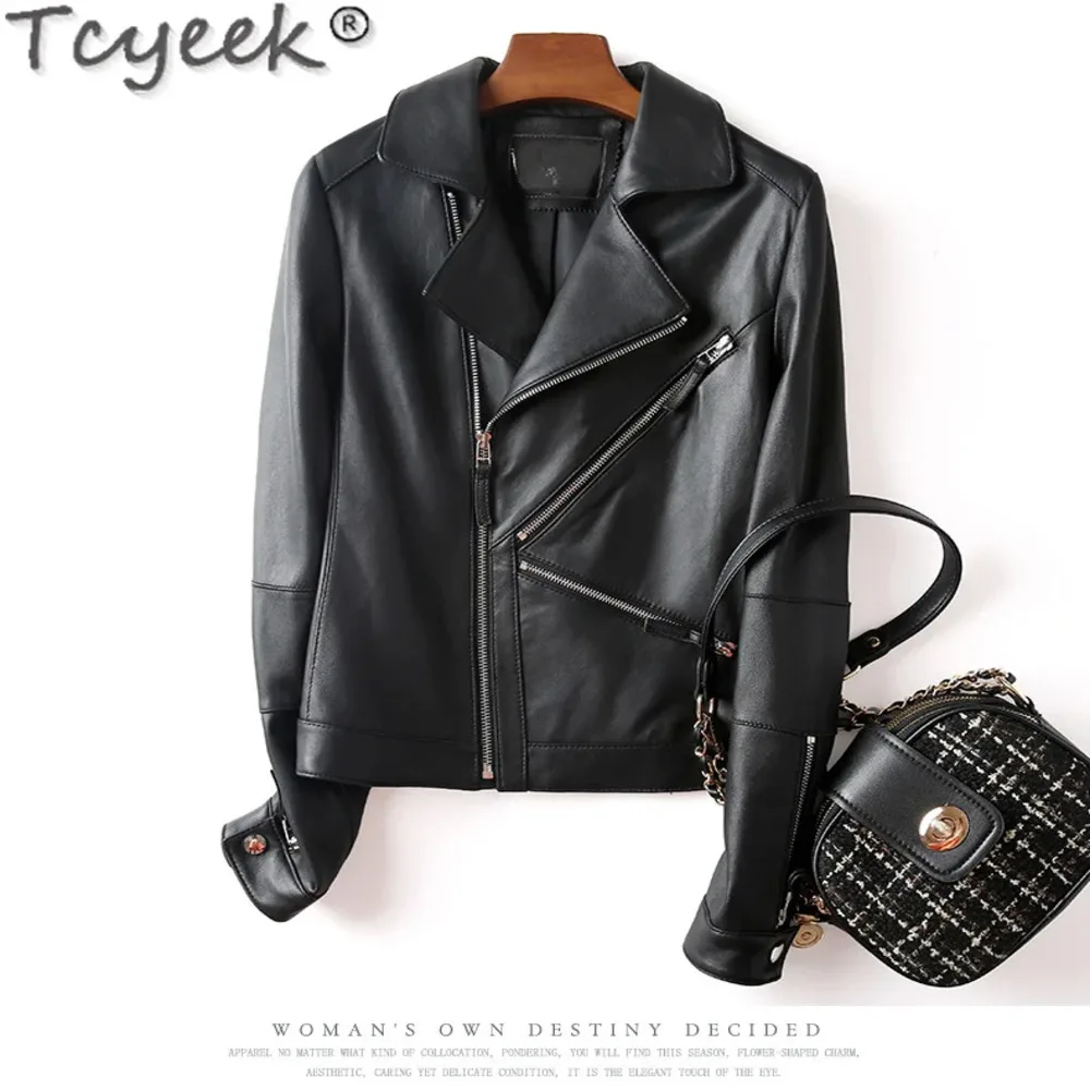 

Real Tcyeek Leather Jacket Fashion 's Motocycle Jackets Black Brown Sheepskin Coat for Women Clothing Spring Autumn