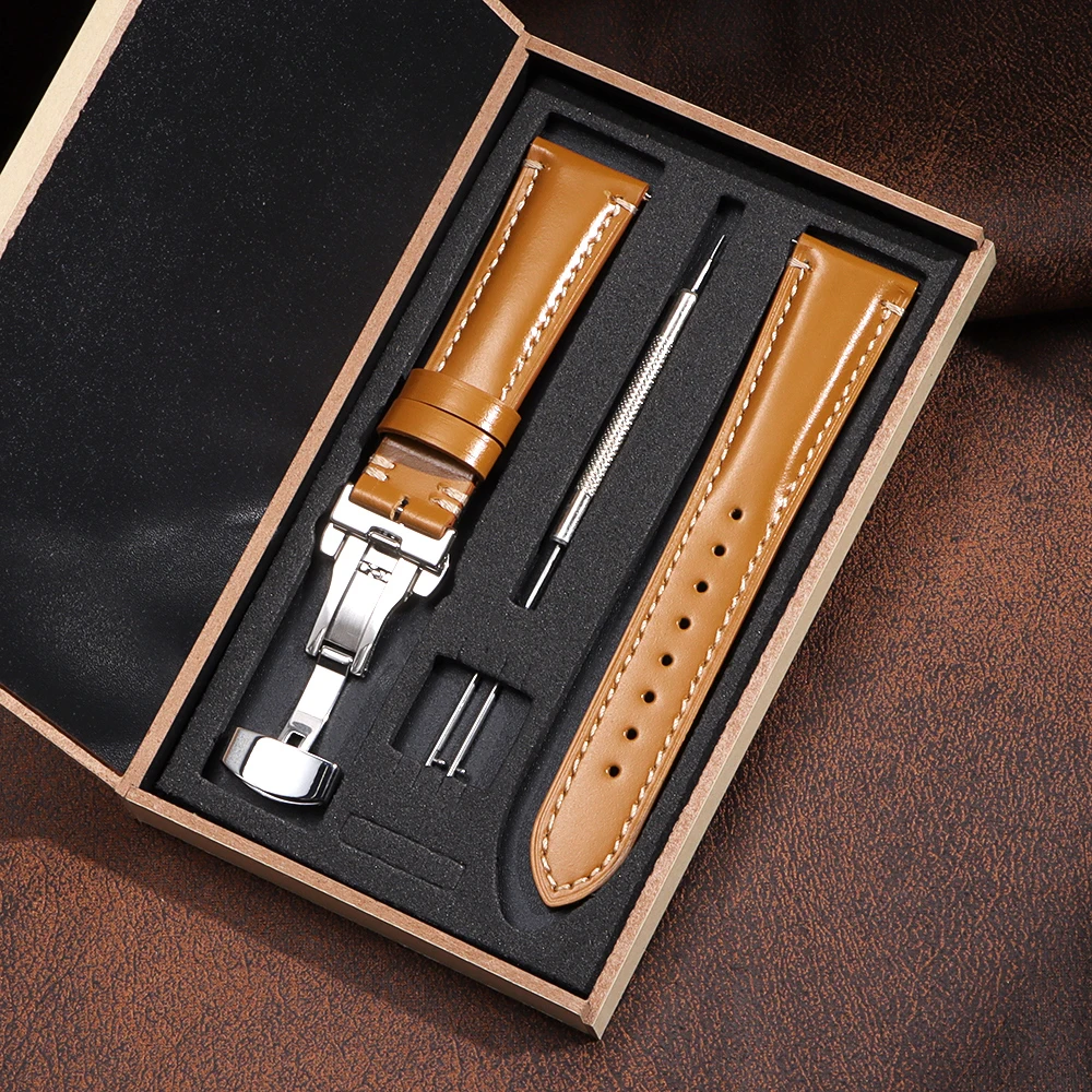 Luxurious Genuine Leather Wrist Bracelet with Butterfly Clasp - Elegant Watch Band Accessory with Gift Box
