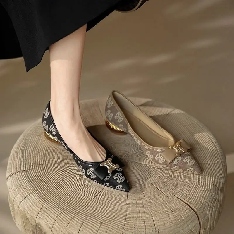 

Mid Heeled Women's High Heels Spring Autumn 2023 Metal Buckle French Style Heel Shallow Mouth Bow Tie Pointed Women Shoes Female