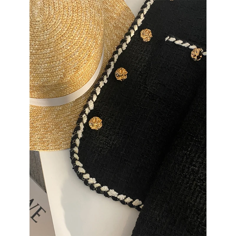 MEXZT Vintage Tweed Jacket Women Elegant Cropped Quilted Coat Commute Black Blazer Winter Ladies Korean Short Outerwear Tops New 6