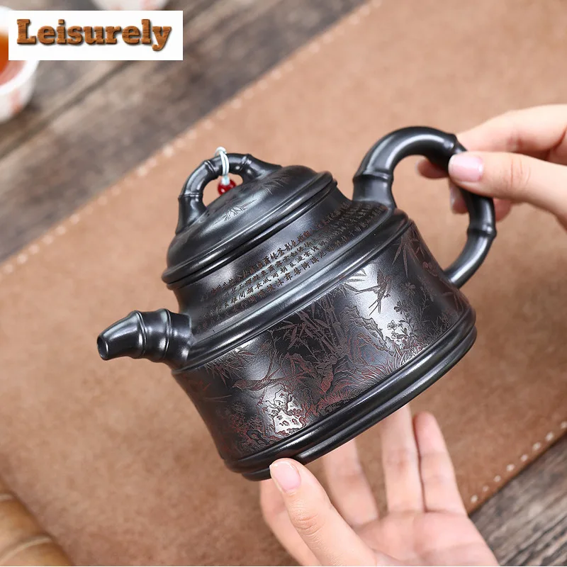 600ml Creative Yixing Purple Clay Teapot Handmade Bamboo Tripod Pot Raw Ore Stone Yellow Mud Tea Making Kettle Zisha Teaset Gift