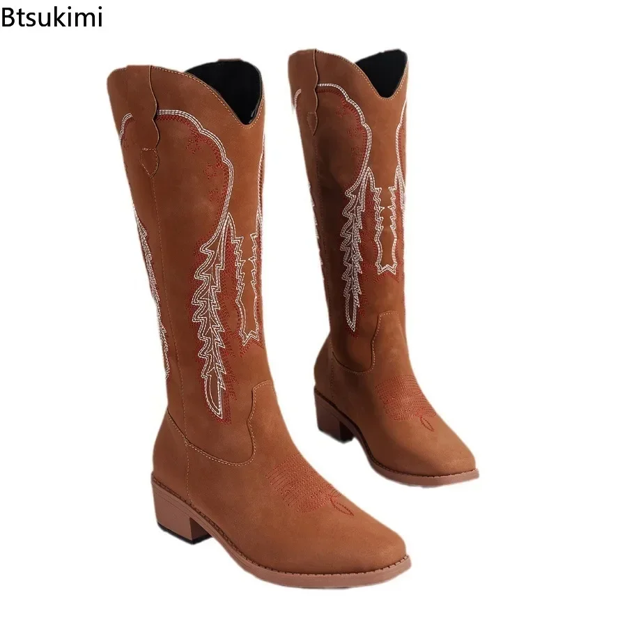 New 2024 Women's Embroidered Long Boots Handmade Thick Heeled Autumn Winter Long Boots Female Cowboy Western Retro Botas Gothic