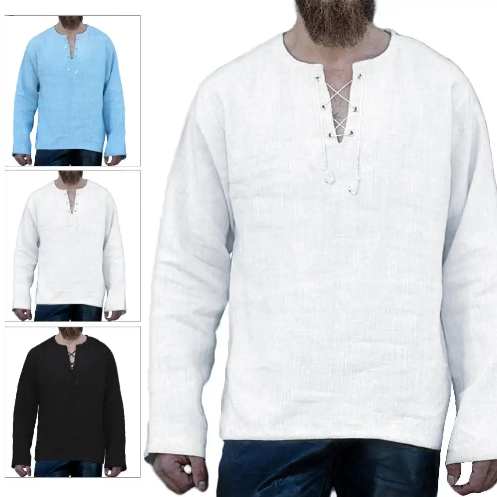 

Men V Neck Long Sleeve Cotton Shirt Solid Color Blouse Loose Top Lace up Linen T-Top