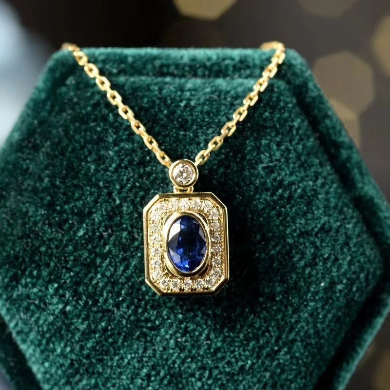 

925 Sterling Silver Natural Oval Royal Blue Sapphire Gemstone Full Diamond Zircon CZ Pendant Chain Necklace Luxury Jewellery