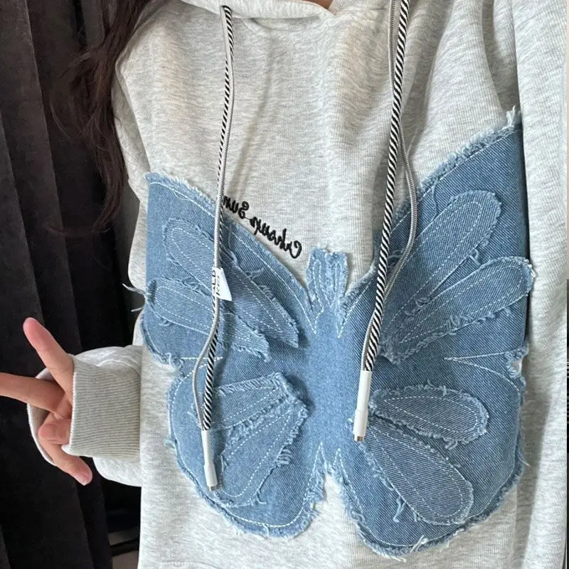 

Korea Hooded Sweatshirt Autumn Winter 2022 New Embroidery Butterfly Hooded Pullover Harajuku Sweat Shirt Cotton Hipster Women