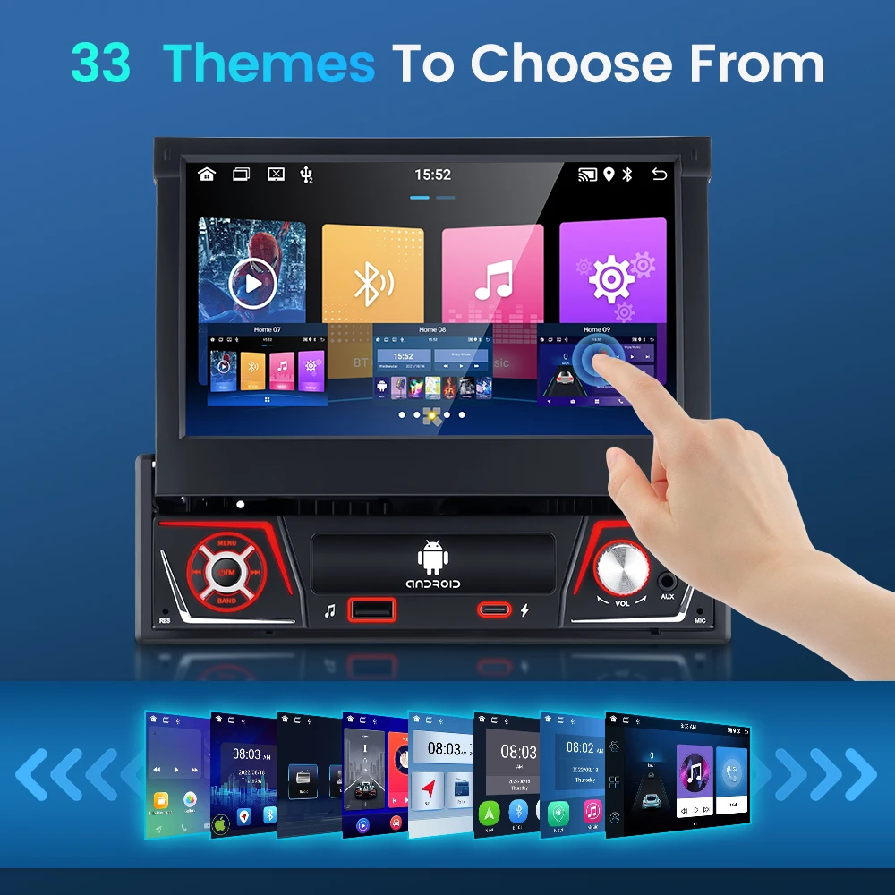 Radio para Auto GEARELEC 1 DIN, Android Carplay Universal, Pantalla Retráctil IPS de 7 Pulgadas, Navegación GPS, Reproductor Multimedia Android 14, Pantalla Carplay 3
