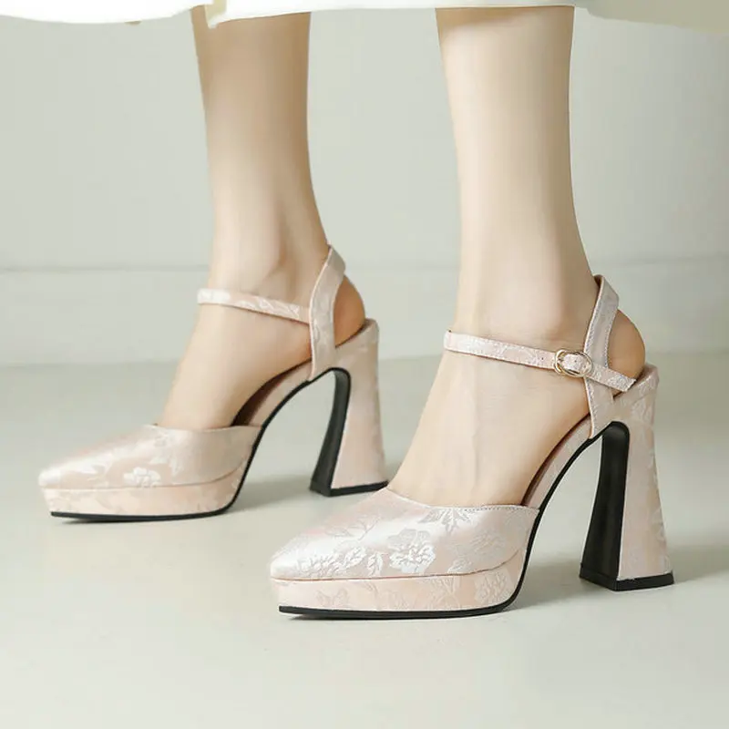 

2024 New Women High Heel Shoes Platform Square High Heel Ladies Pumps PU Leather Pointed Toe Buckle Dress Women Shoes Big Size