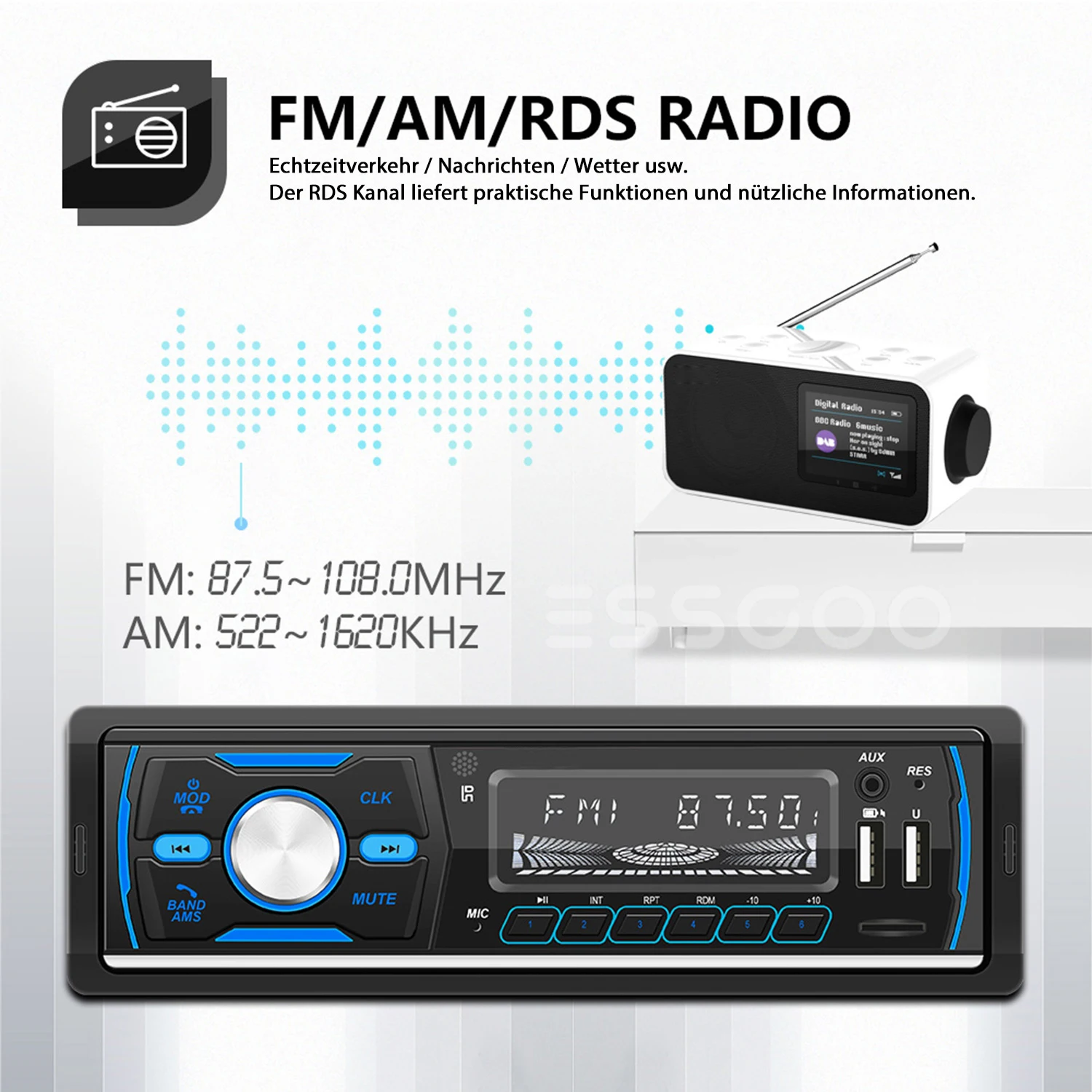Фото Автомагнитола ESSGOO 1 Din с MP3-плеером, Авторадио DAB + RDS AM FM стерео радио 7 цветов с кнопкой Bluetooth центральный мультимедийный автомобильный аудио №3