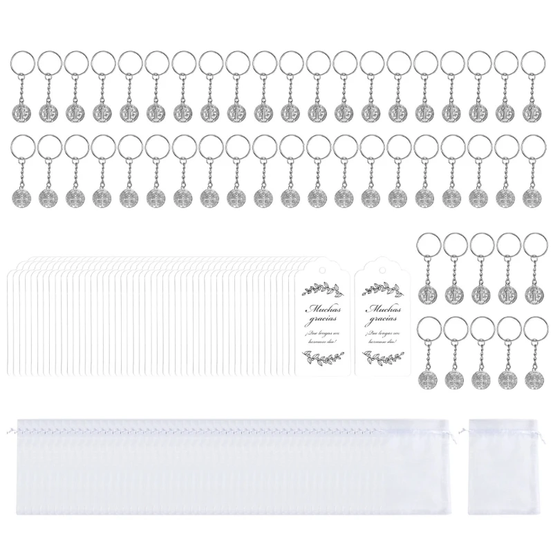 50PCS Religiöse Anhänger Schlüssel Ringe Metall Schlüsselbund Rucksäcke Tasche Charme Mit Organza Kordelzug Tasche Für B03E – Detail 9