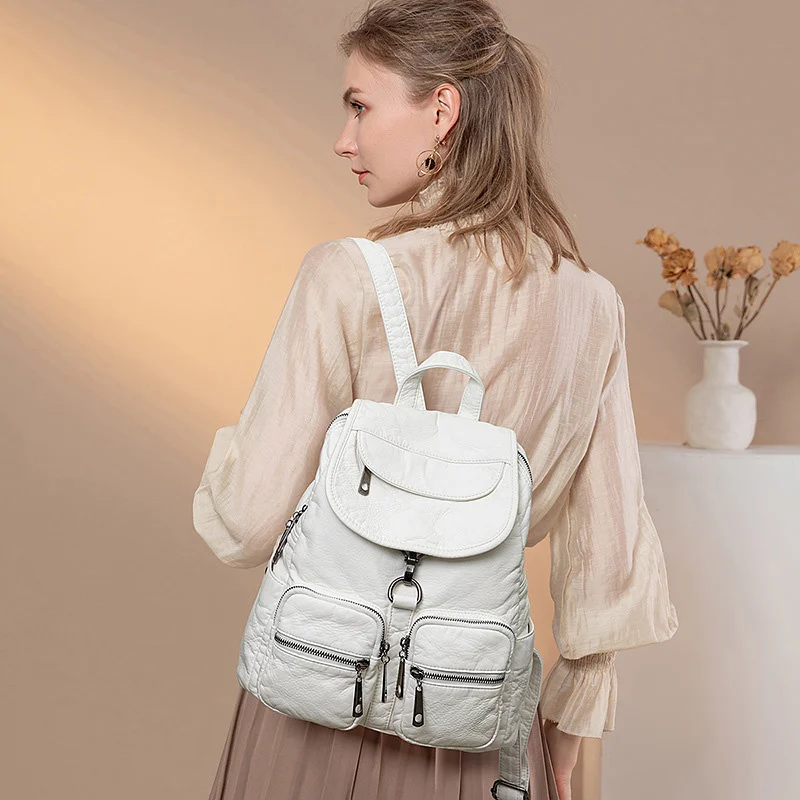 

Fashion Soft Pu Leather Backpacks for Women Waterproof White Travel Backpack Bag for Women Back Pack for Girl