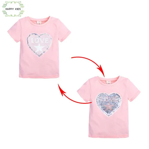 Kid Fashion Paillette T-Shirt Children Girls Change Color Sequins Cartoon Toddler Short Sleeve Flash Summer Clothes for 1-8Y