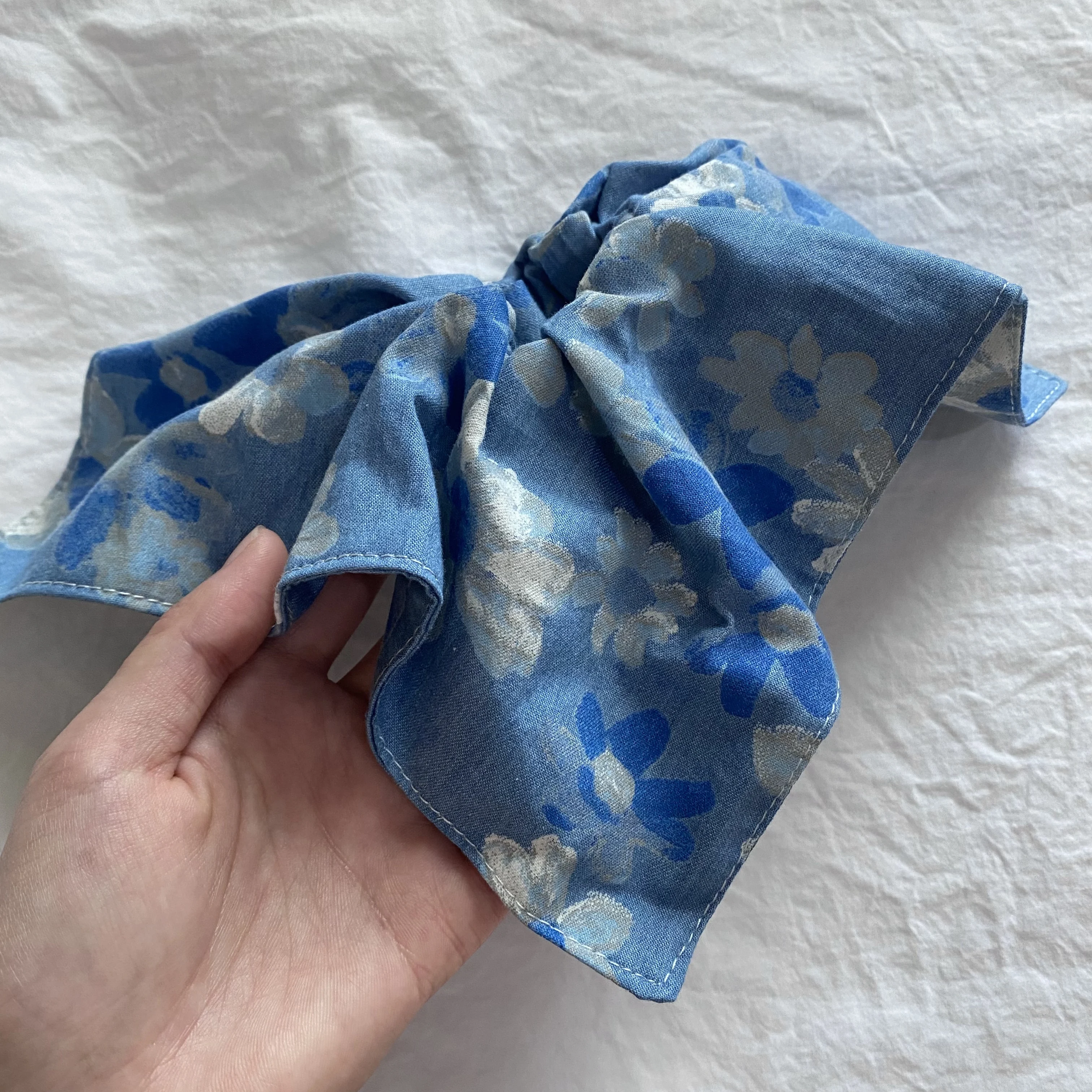 1PC Artistic Blue floral denim hair scrunchie, large square - shaped hair tie, unique and stylish hair accessory for women