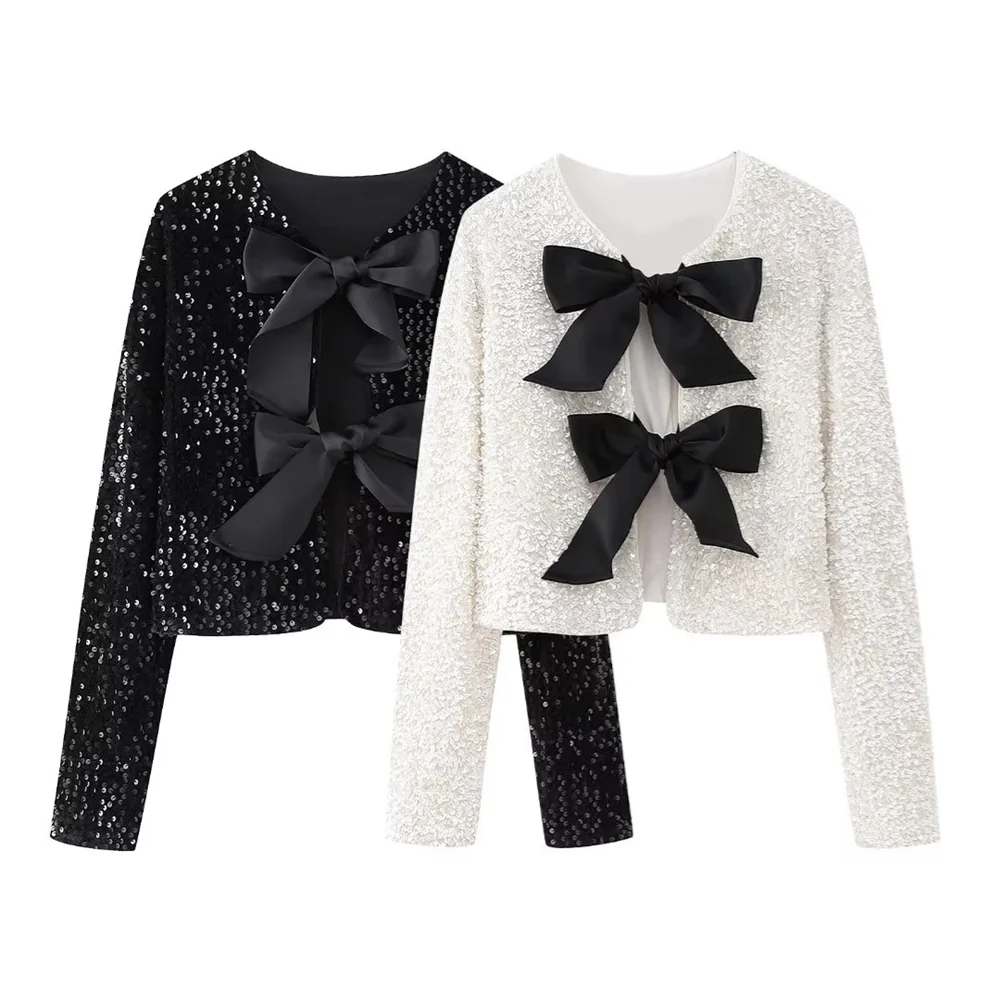 Winter New Women's Fashion, Casual, Sweet and Versatile Bow Tie with Sequin Top