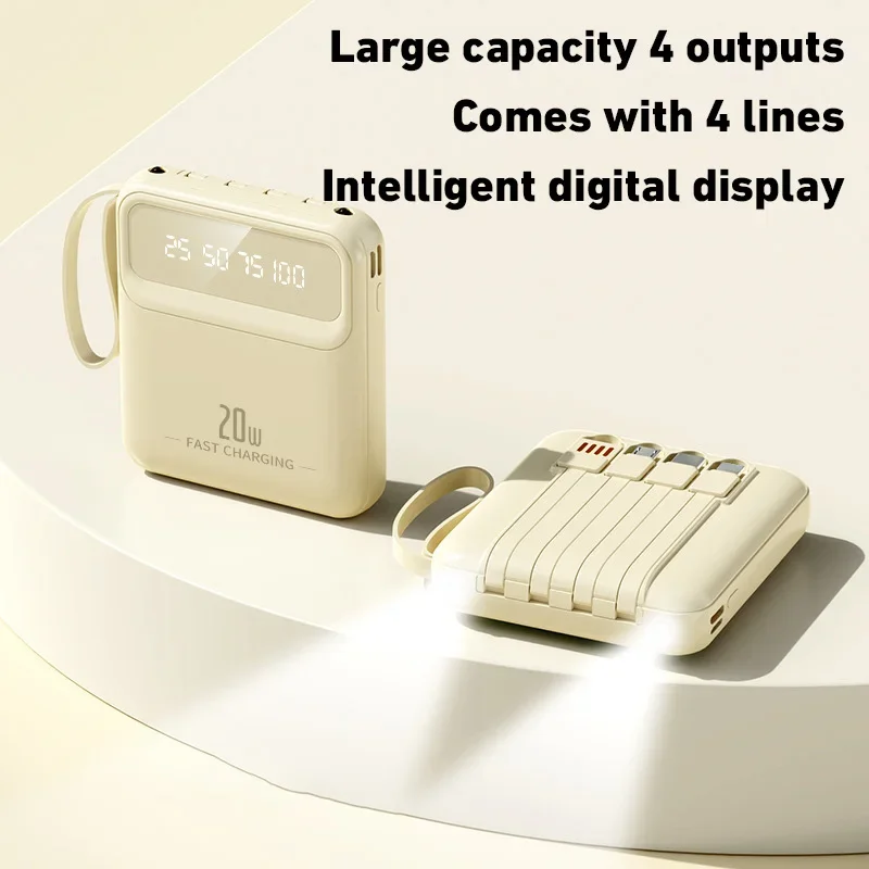 20000mAh Mini Power Bank 4in1 Cable Portable Charger Fast Charging LED Digital Display Poverbank External Battery Mobile Power 4