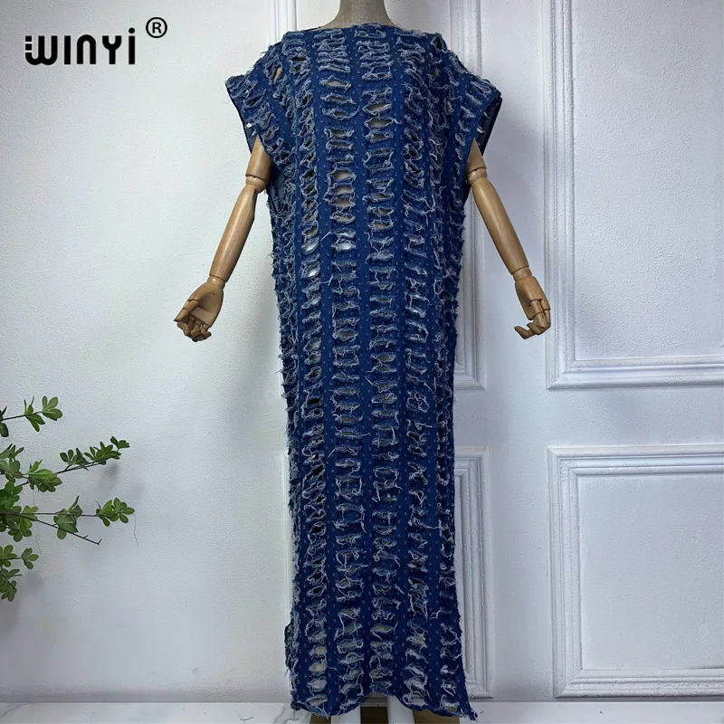 Denim Dress WINYI Original denim sexy long dress with holes Africa Womens party holiday Casual Short Sleeve Maxi beach dress denim dress